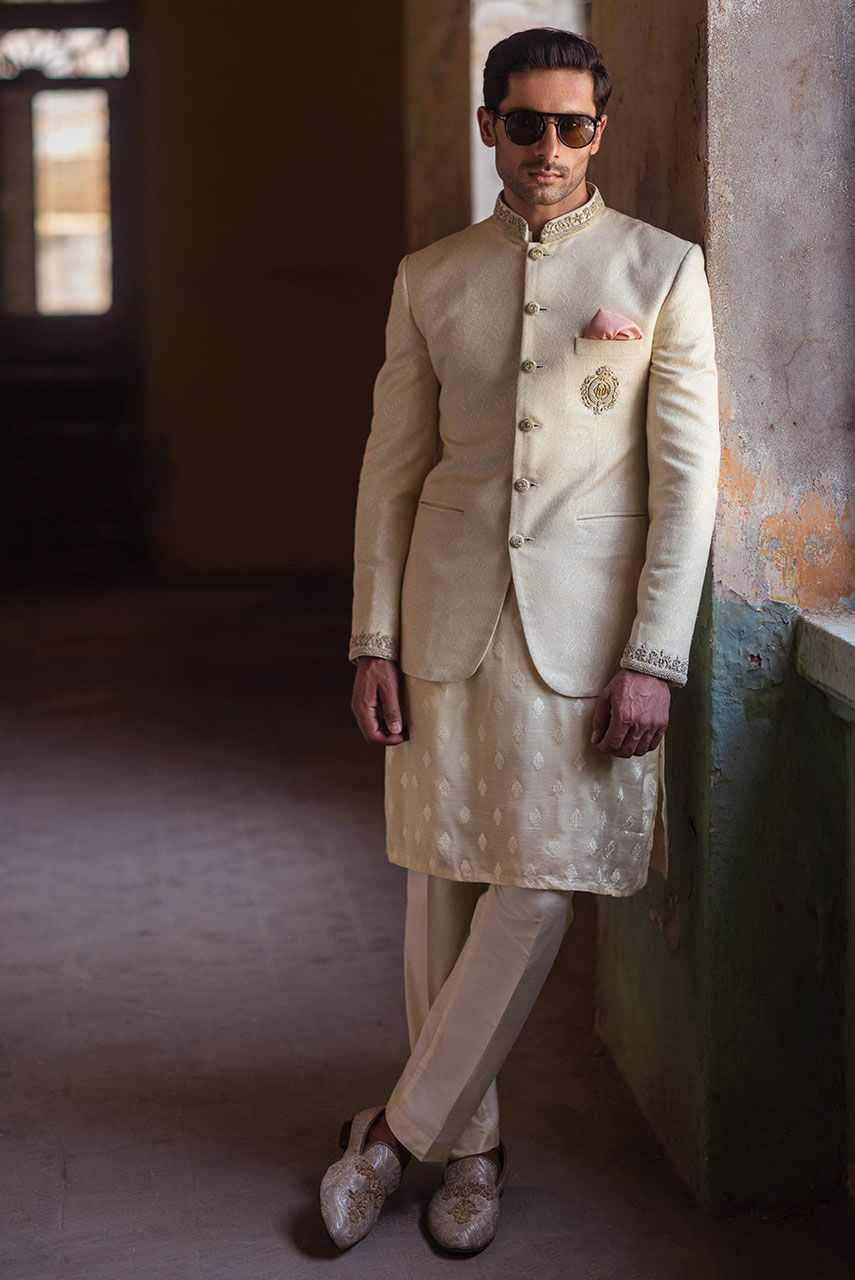 Beige Hand Embroidered Khaddi Jamawar Prince Coat (3-Piece) - Image 1