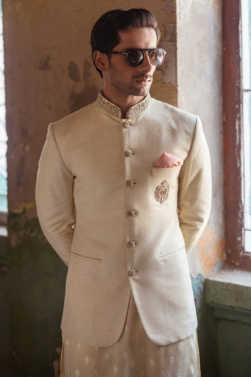 Beige Hand Embroidered Khaddi Jamawar Prince Coat (3-Piece) - Image 3