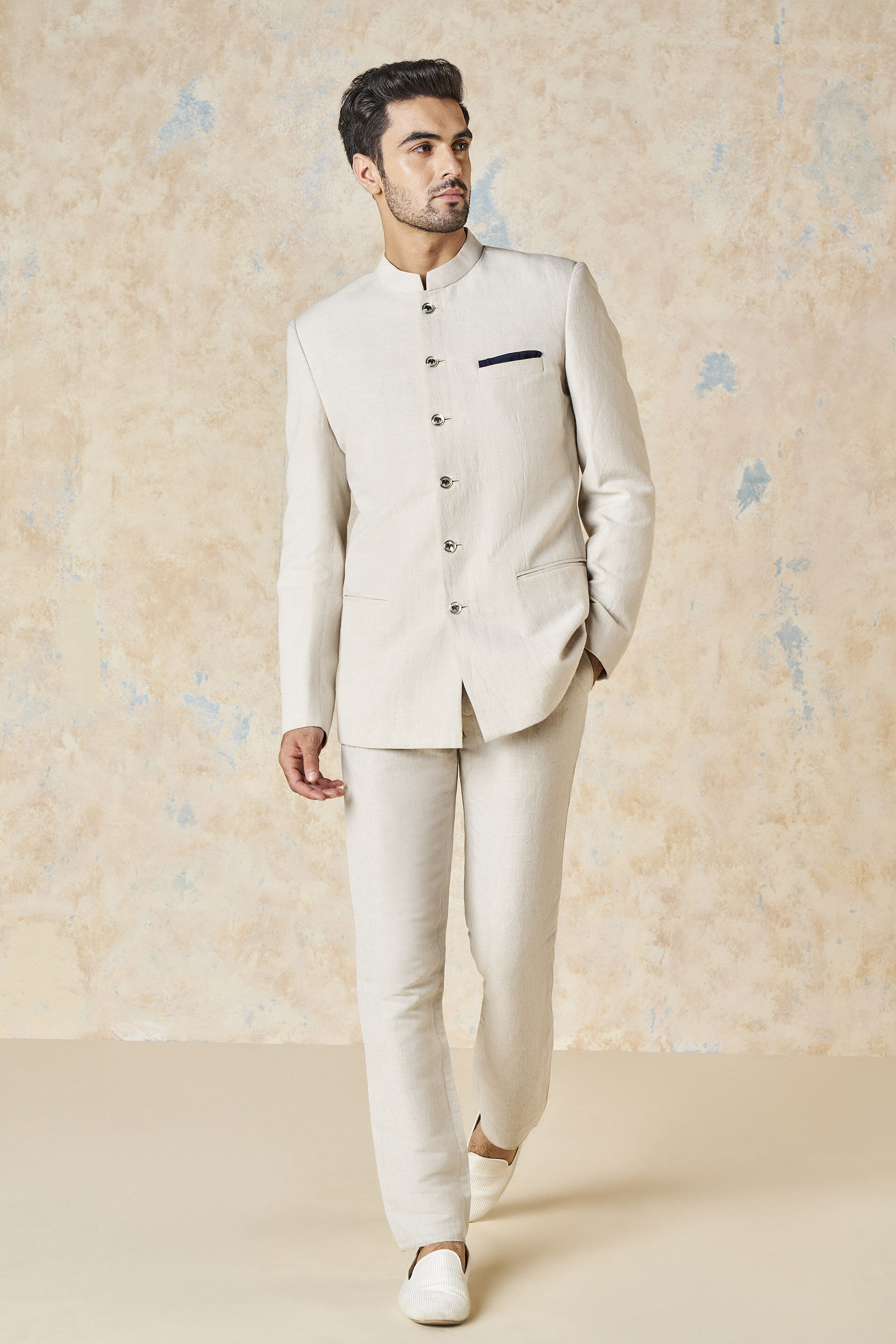 Natural Beige Linen-Cotton Prince Coat (2-Piece) - Image 1