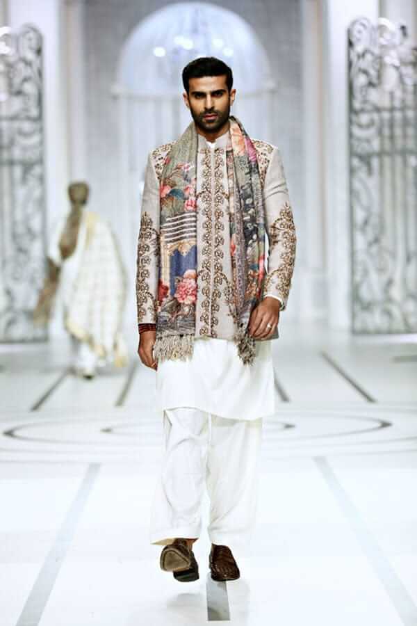 Biscuit Kora Zardozi Linen Prince Jacket (3-Piece) - Image 1