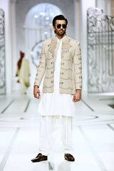 Biscuit Mirror Work Coarse Linen Prince Coat (3-Piece) - Image 2