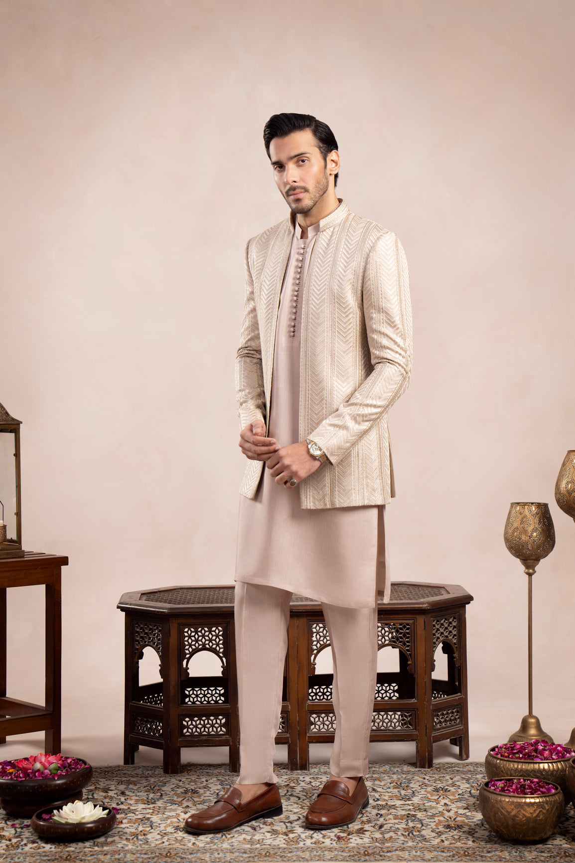 Coffee Beige Embroidered Raw Silk Prince Coat (1-Pc) - Image 1