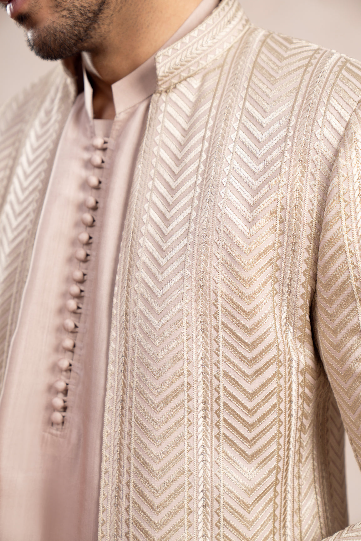 Coffee Beige Embroidered Raw Silk Prince Coat (1-Pc) - Image 6