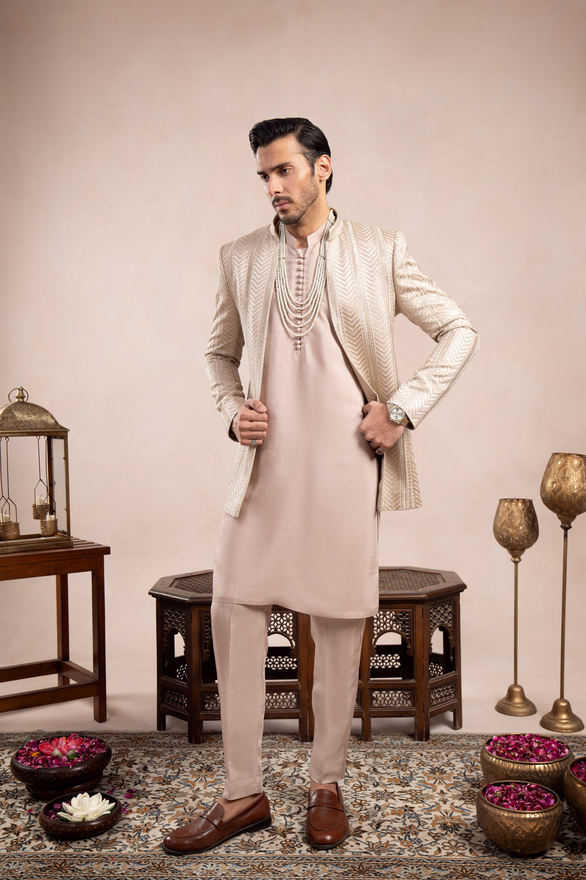 Coffee Beige Embroidered Raw Silk Prince Coat (1-Pc) - Image 7