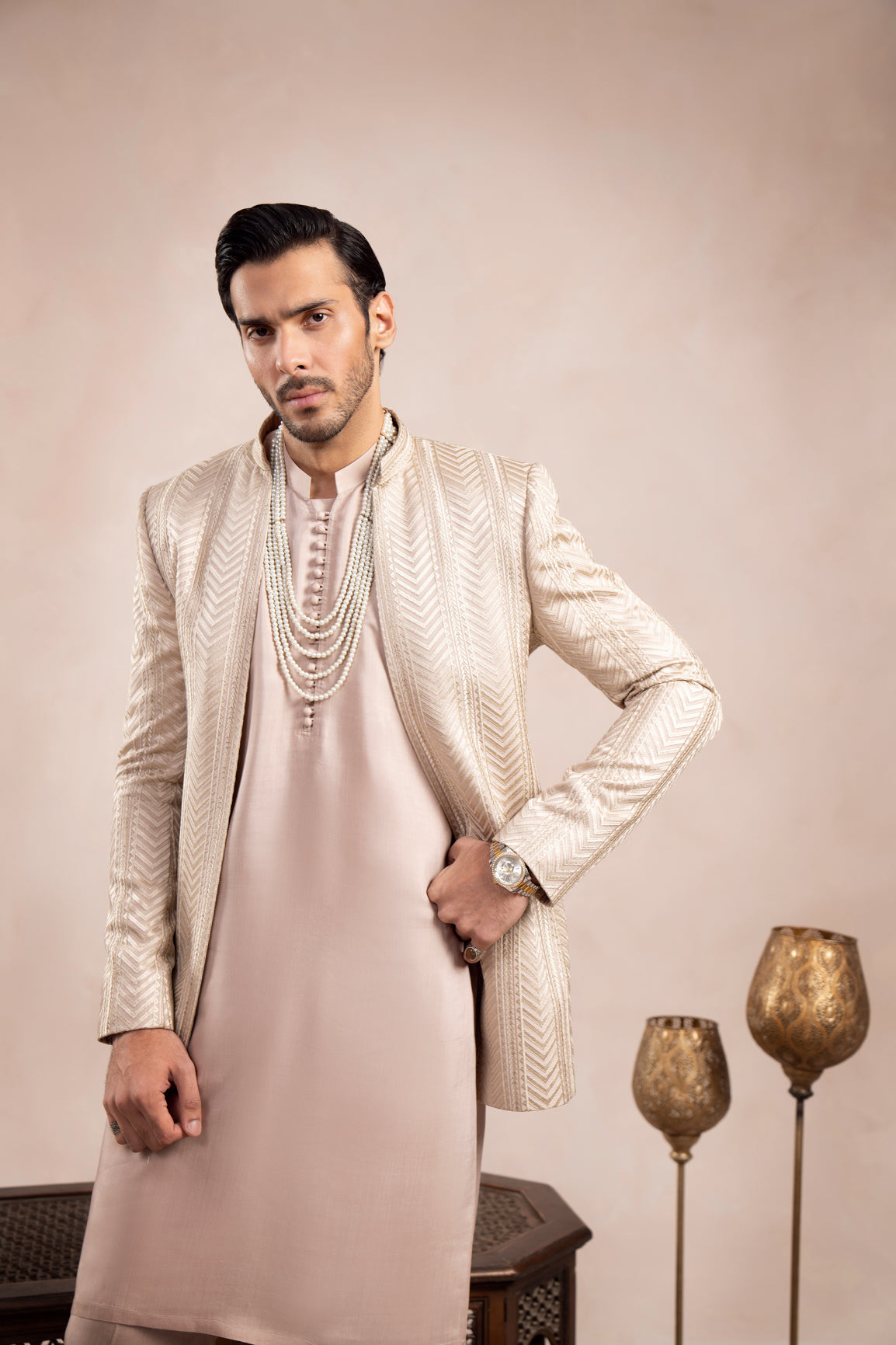 Coffee Beige Embroidered Raw Silk Prince Coat (1-Pc) - Image 8