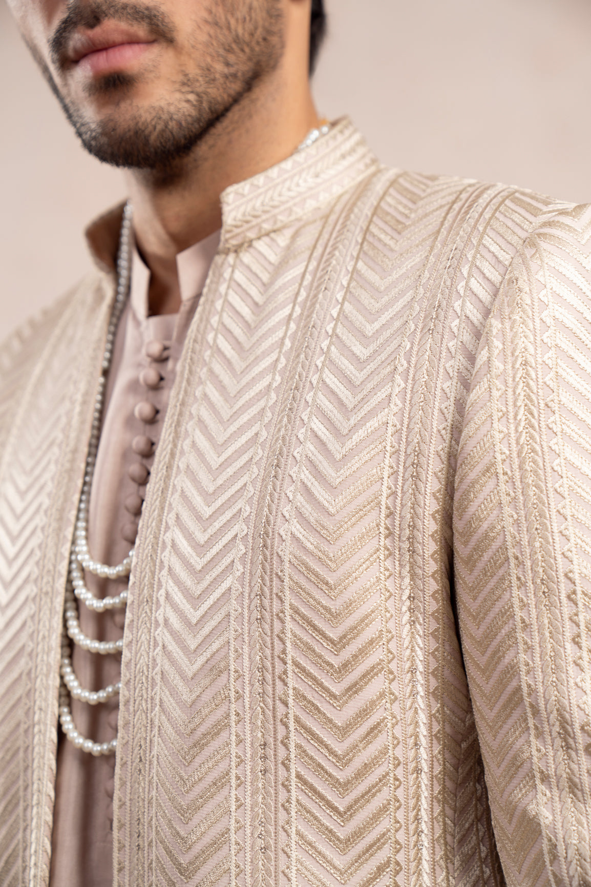 Coffee Beige Embroidered Raw Silk Prince Coat (1-Pc) - Image 9