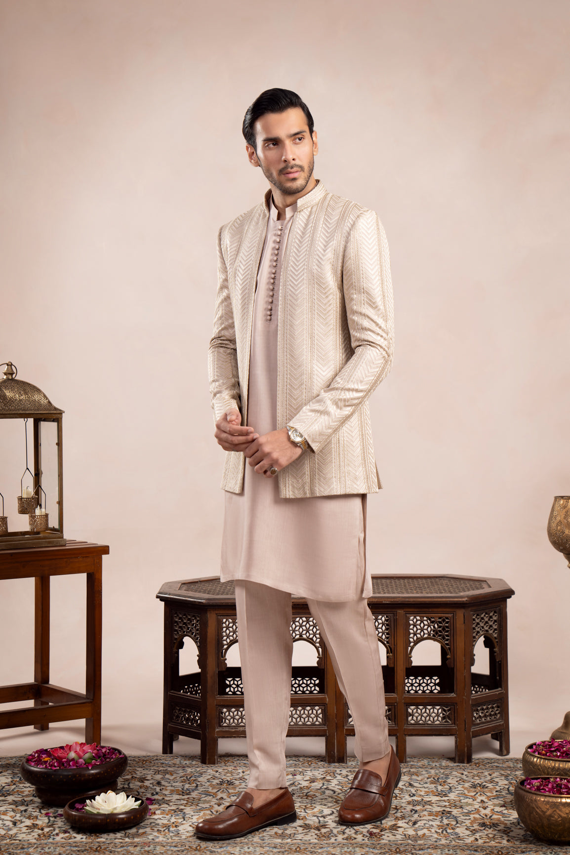 Coffee Beige Embroidered Raw Silk Prince Coat (3-Piece) - Image 2