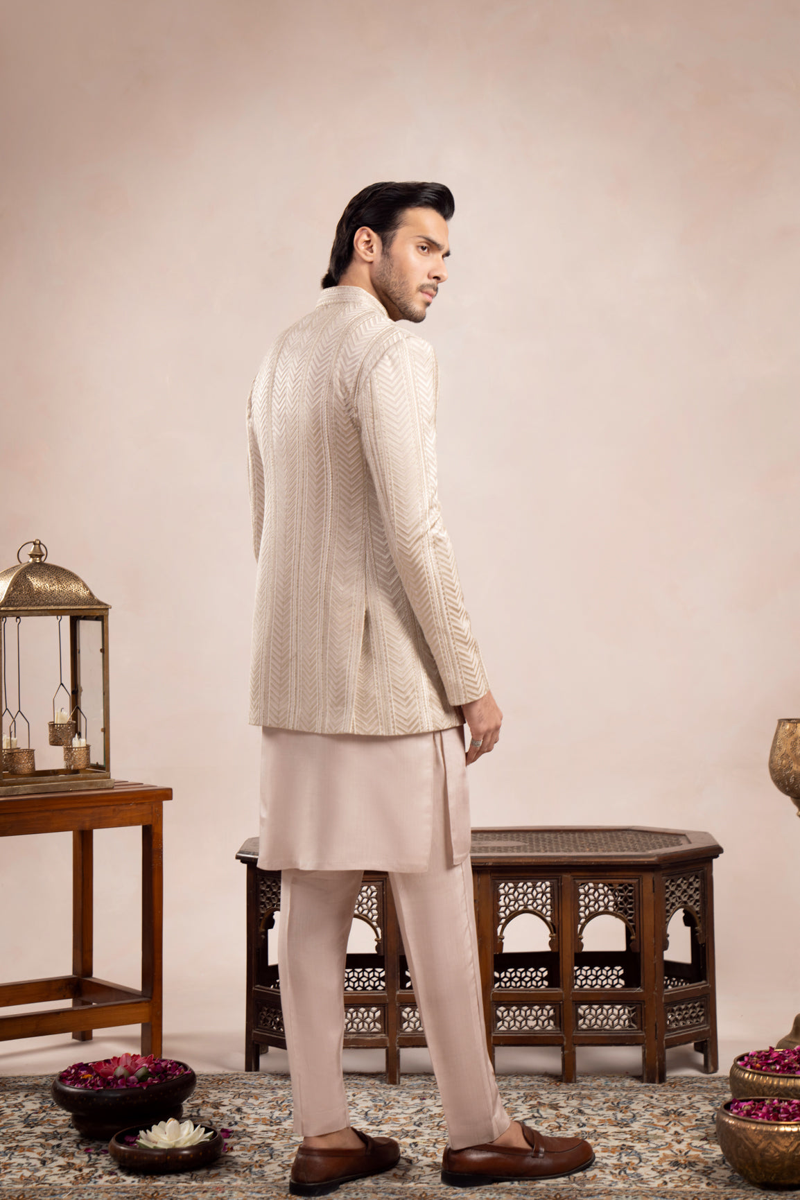Coffee Beige Embroidered Raw Silk Prince Coat (3-Piece) - Image 3