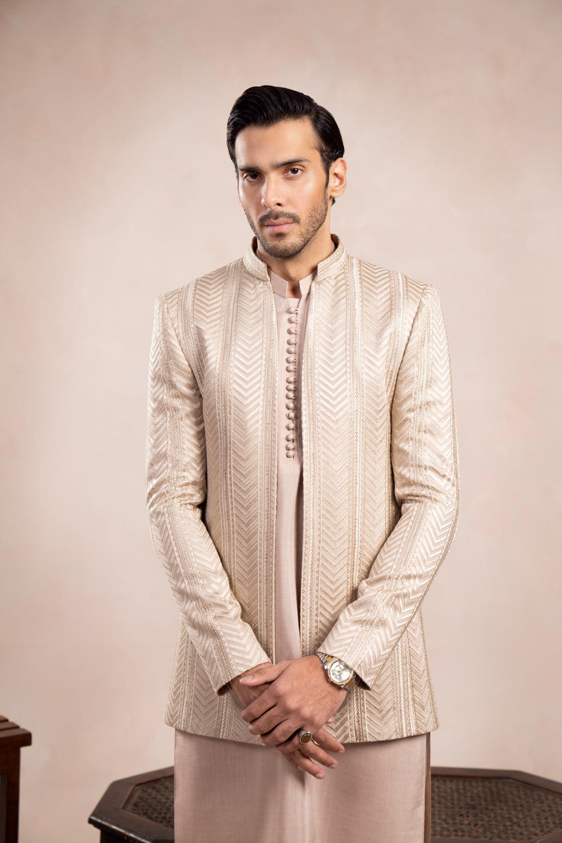 Coffee Beige Embroidered Raw Silk Prince Coat (3-Piece) - Image 4