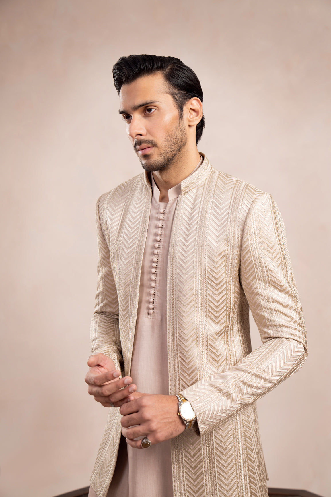 Coffee Beige Embroidered Raw Silk Prince Coat (3-Piece) - Image 5