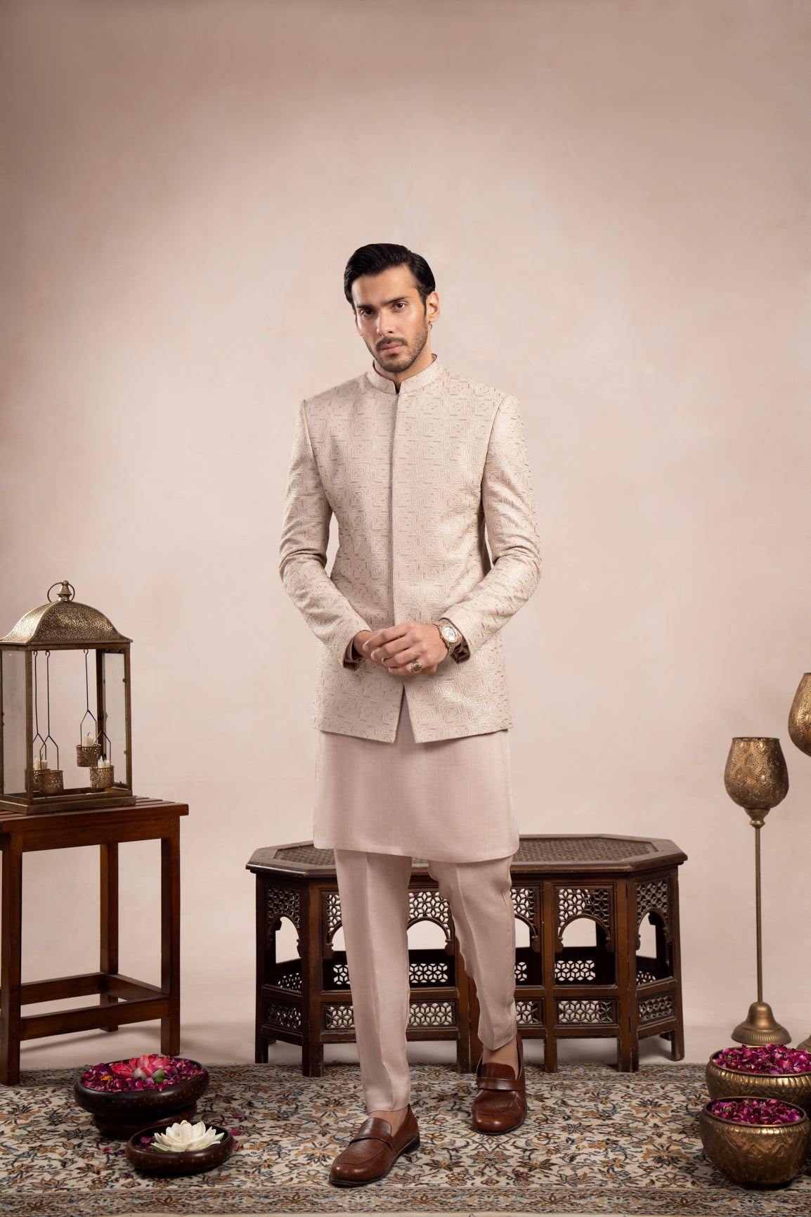 Coffee Beige Square Embroidered Raw Silk Prince Coat (1-Pc) - Image 3