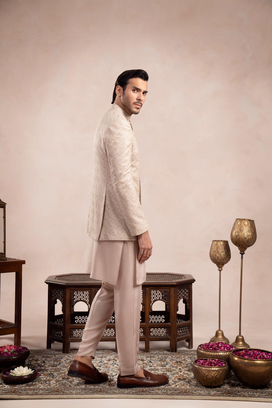 Coffee Beige Square Embroidered Raw Silk Prince Coat (1-Pc) - Image 4