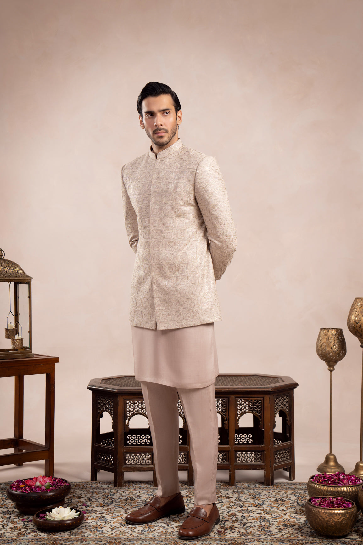 Coffee Beige Square Embroidered Raw Silk Prince Coat (1-Pc) - Image 6