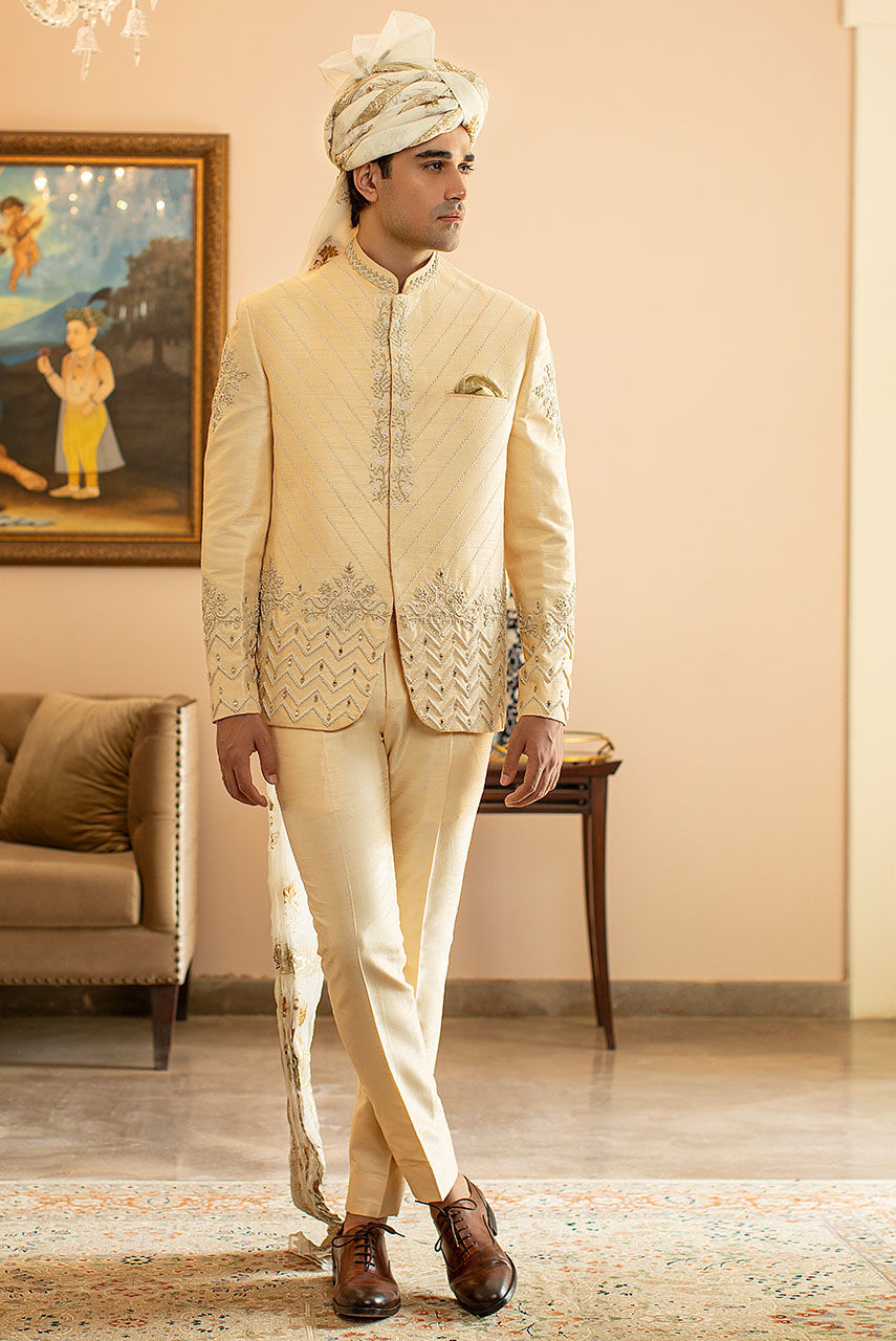 Beige Gold Hand Embroidered Raw Silk Prince Coat (2-Piece) - Image 1