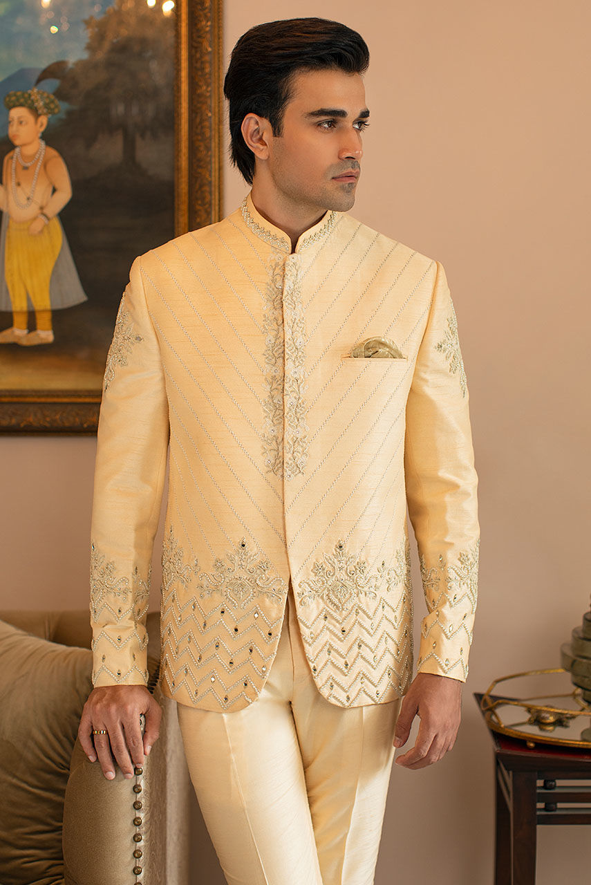 Beige Gold Hand Embroidered Raw Silk Prince Coat (2-Piece) - Image 2
