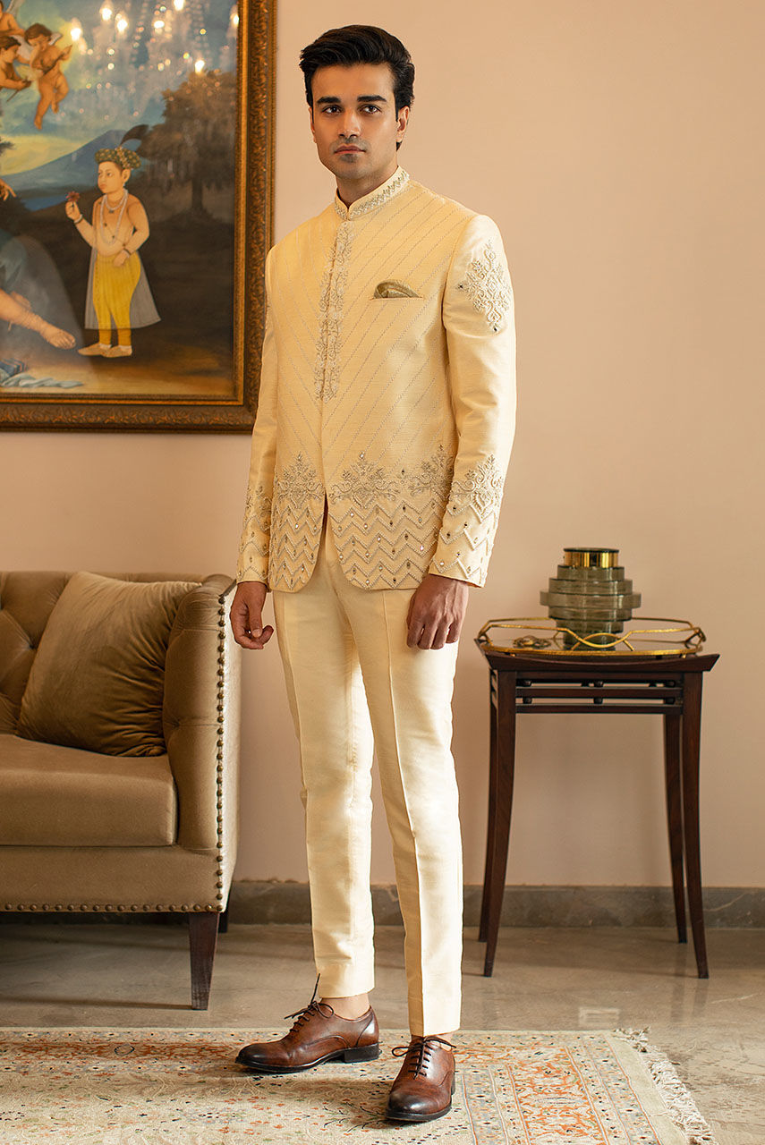 Beige Gold Hand Embroidered Raw Silk Prince Coat (2-Piece) - Image 3