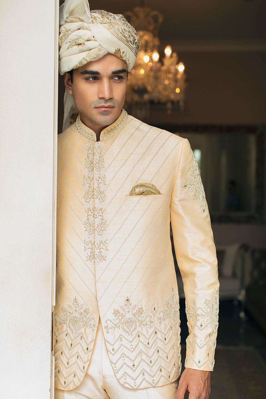Beige Gold Hand Embroidered Raw Silk Prince Coat (2-Piece) - Image 4