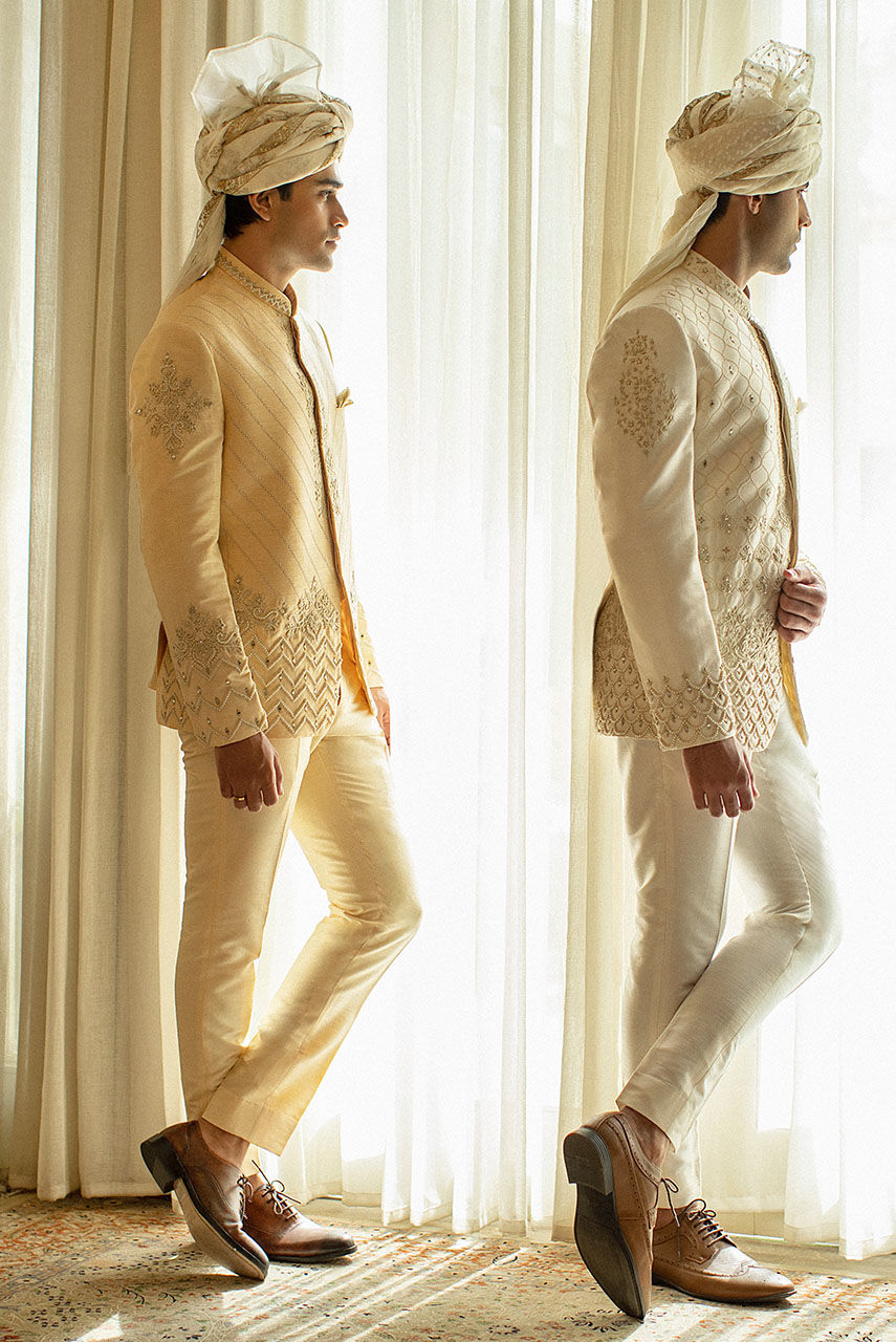 Beige Gold Hand Embroidered Raw Silk Prince Coat (2-Piece) - Image 5