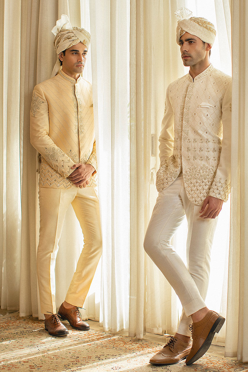 Beige Gold Hand Embroidered Raw Silk Prince Coat (2-Piece) - Image 7