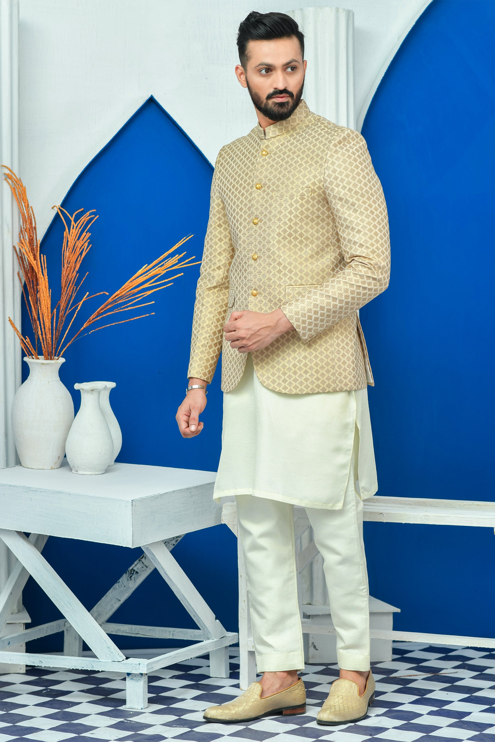Beige Embroidered Raw Silk Prince Coat (3-Piece) - Image 1