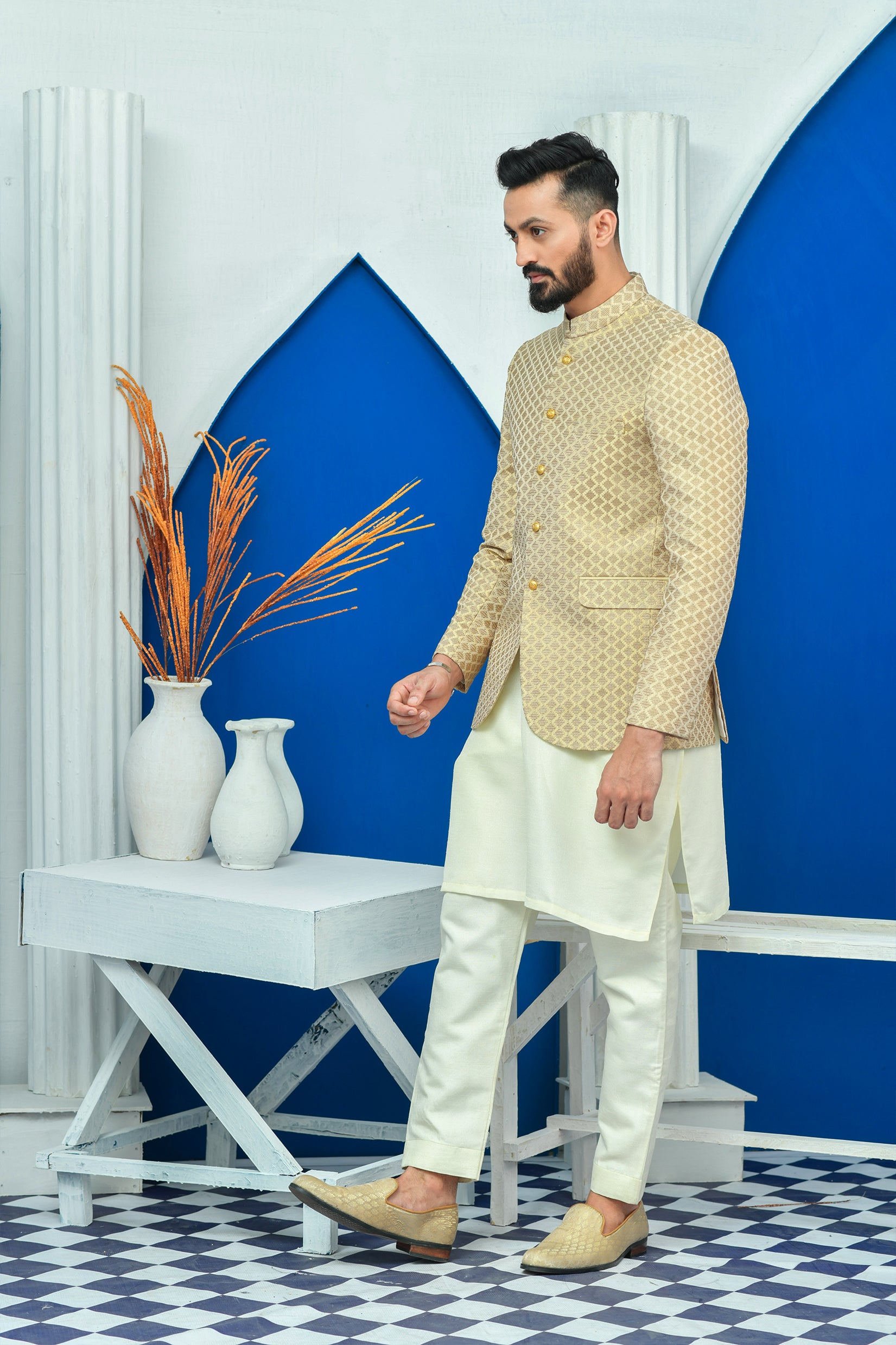 Beige Embroidered Raw Silk Prince Coat (3-Piece) - Image 2