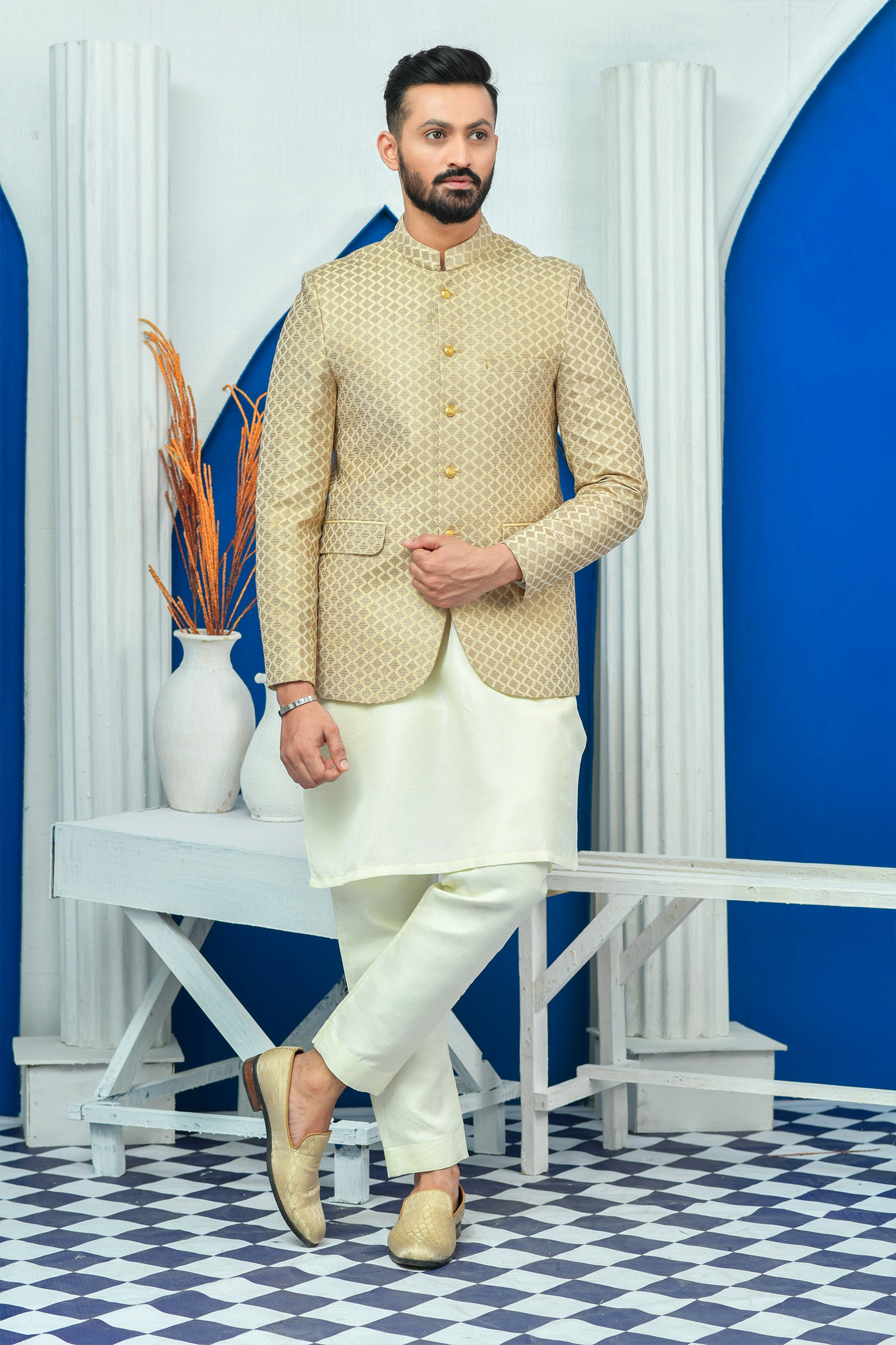 Beige Embroidered Raw Silk Prince Coat (3-Piece) - Image 3