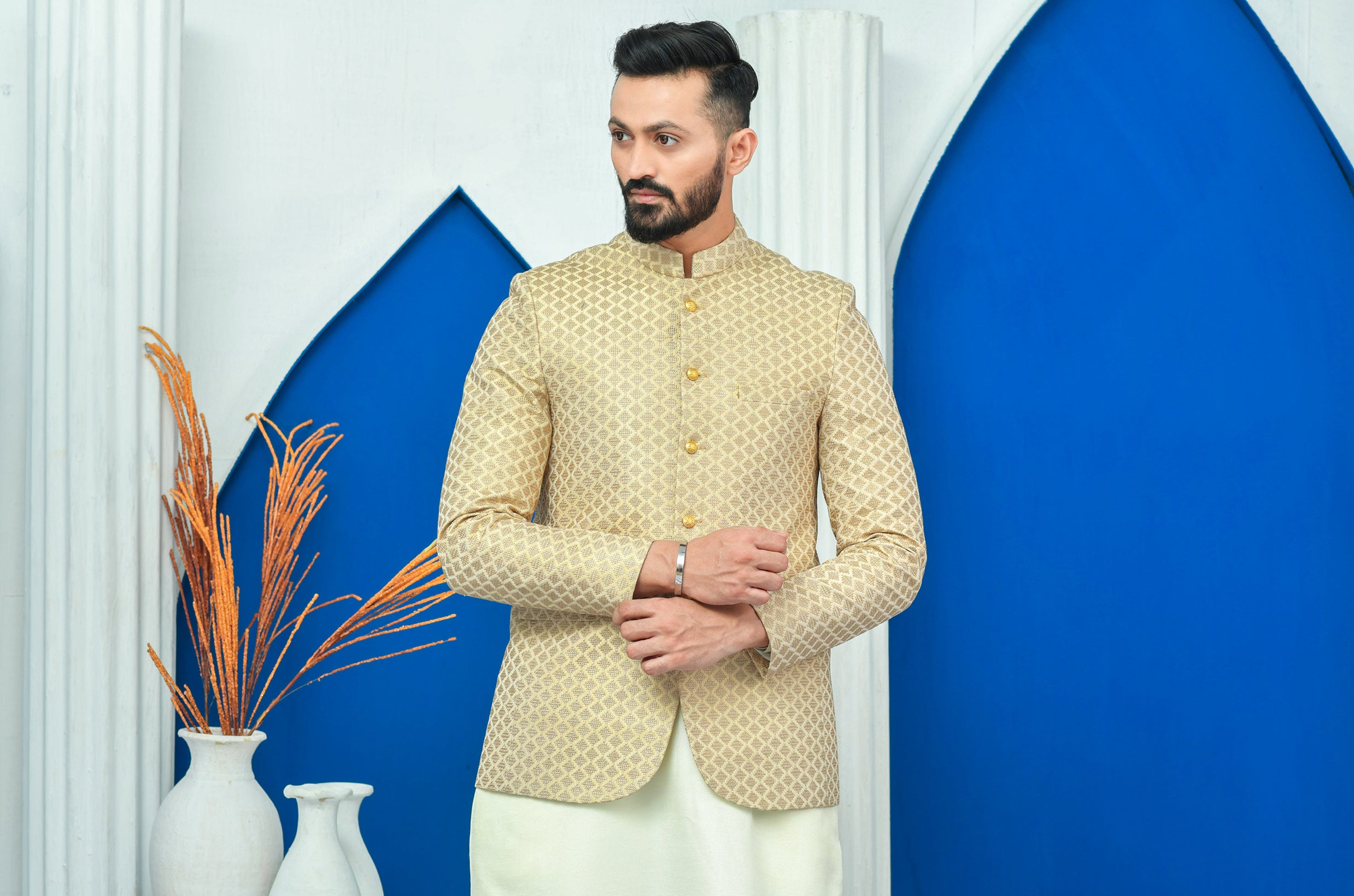 Beige Embroidered Raw Silk Prince Coat (3-Piece) - Image 4