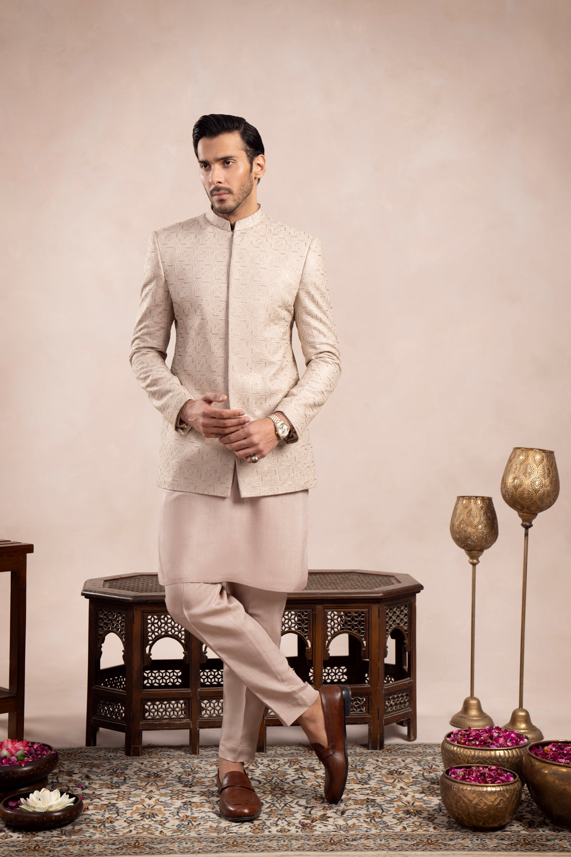 Coffee Beige Embroidered Raw Silk Prince Coat (3-Piece) - Image 1