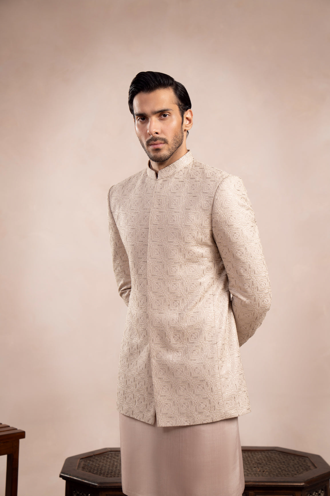 Coffee Beige Embroidered Raw Silk Prince Coat (3-Piece) - Image 2