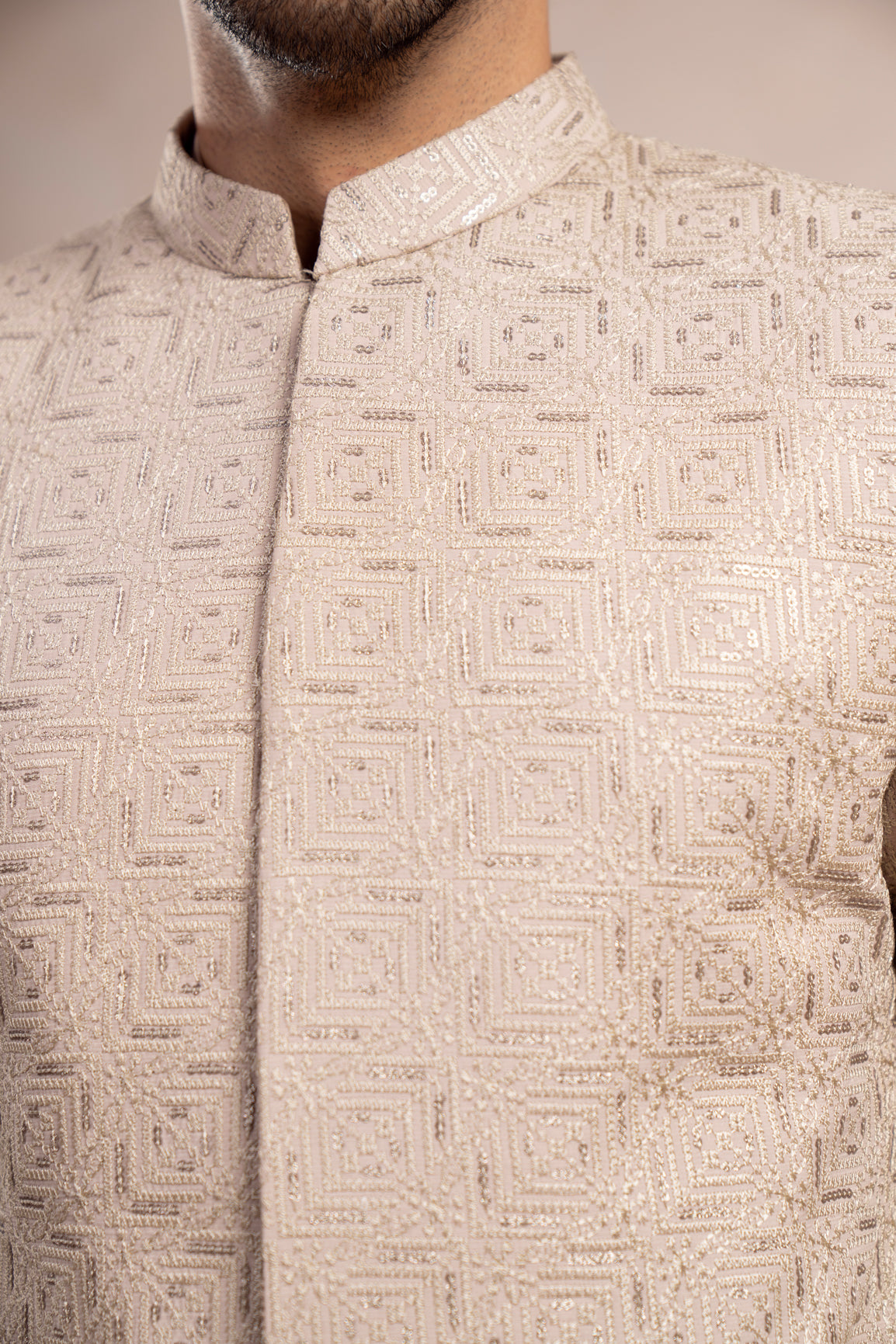 Coffee Beige Embroidered Raw Silk Prince Coat (3-Piece) - Image 6