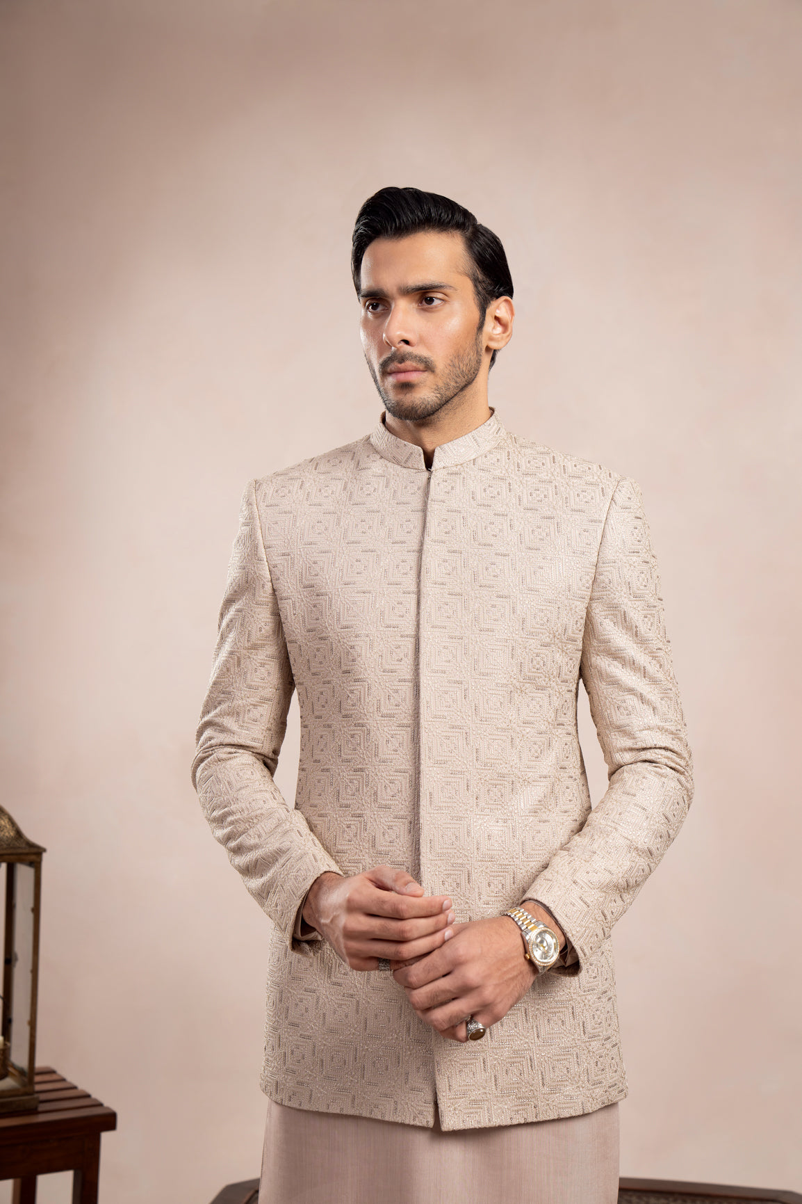 Coffee Beige Embroidered Raw Silk Prince Coat (3-Piece) - Image 7