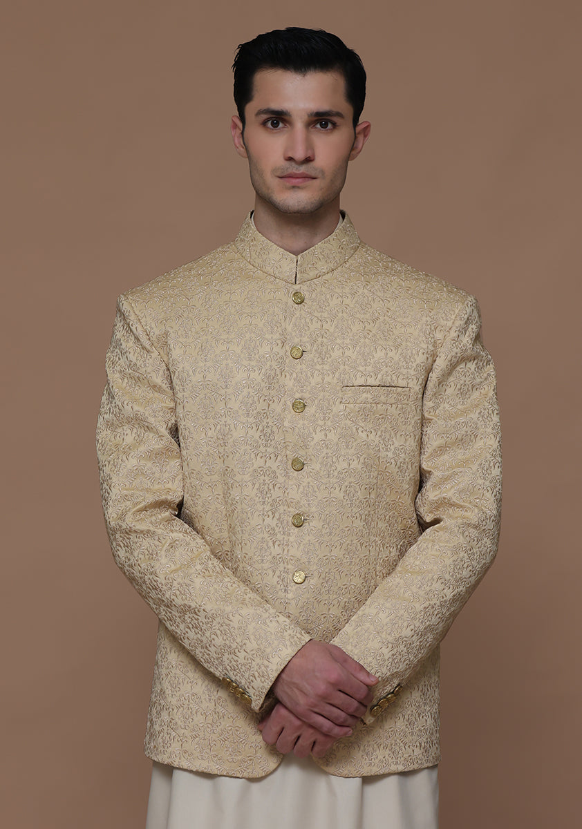 Beige Embroidered Satin Silk Prince Coat (2-Piece) - Image 1