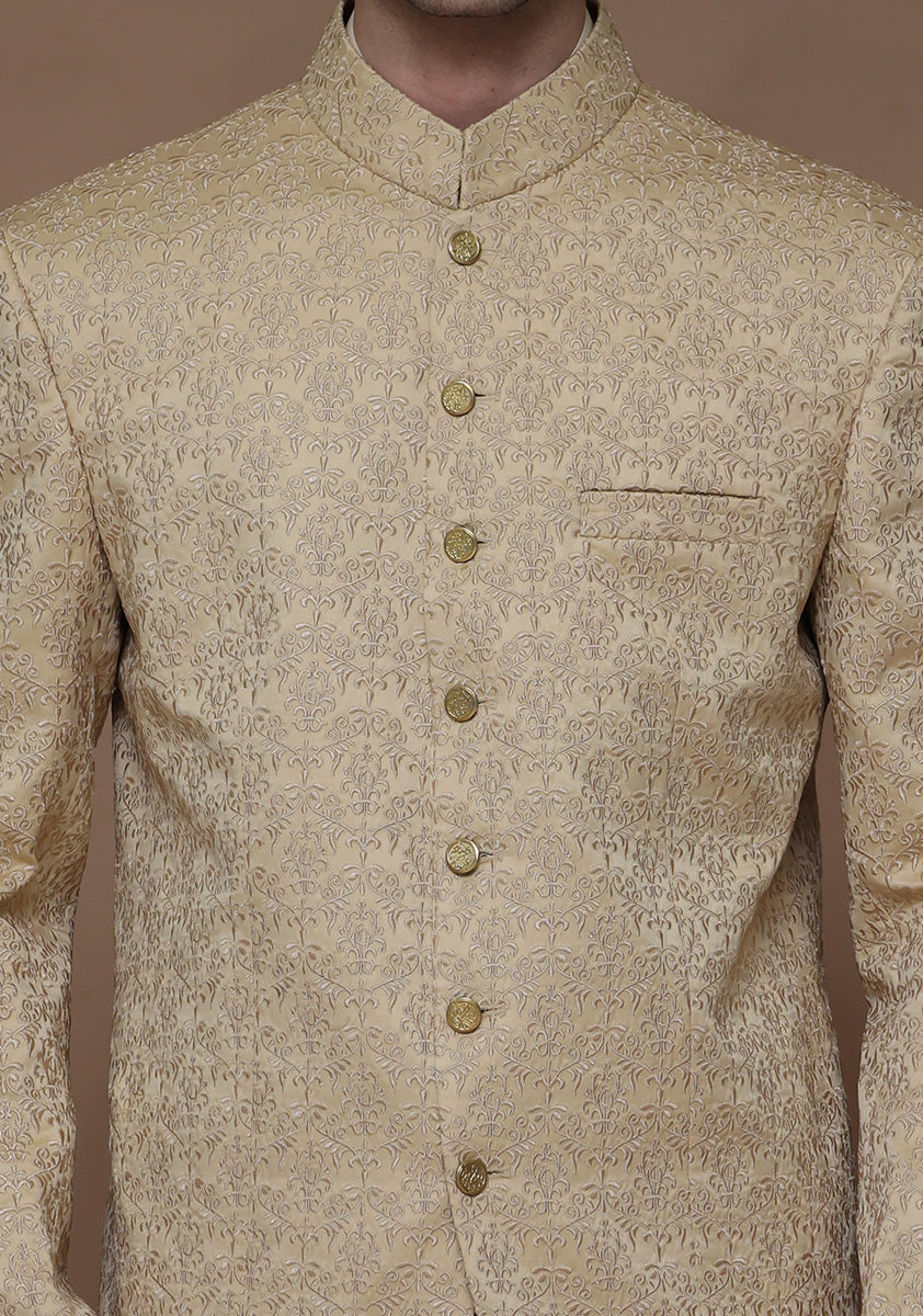 Beige Embroidered Satin Silk Prince Coat (2-Piece) - Image 2