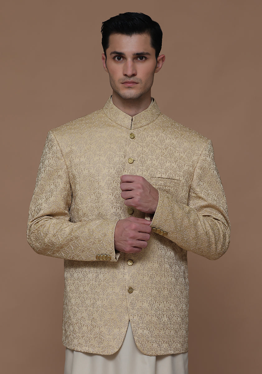 Beige Embroidered Satin Silk Prince Coat (2-Piece) - Image 3