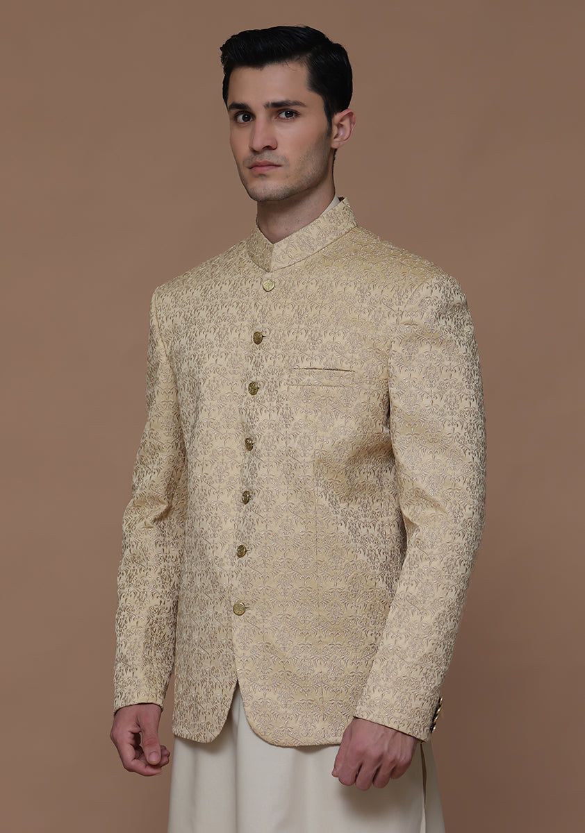 Beige Embroidered Satin Silk Prince Coat (2-Piece) - Image 4