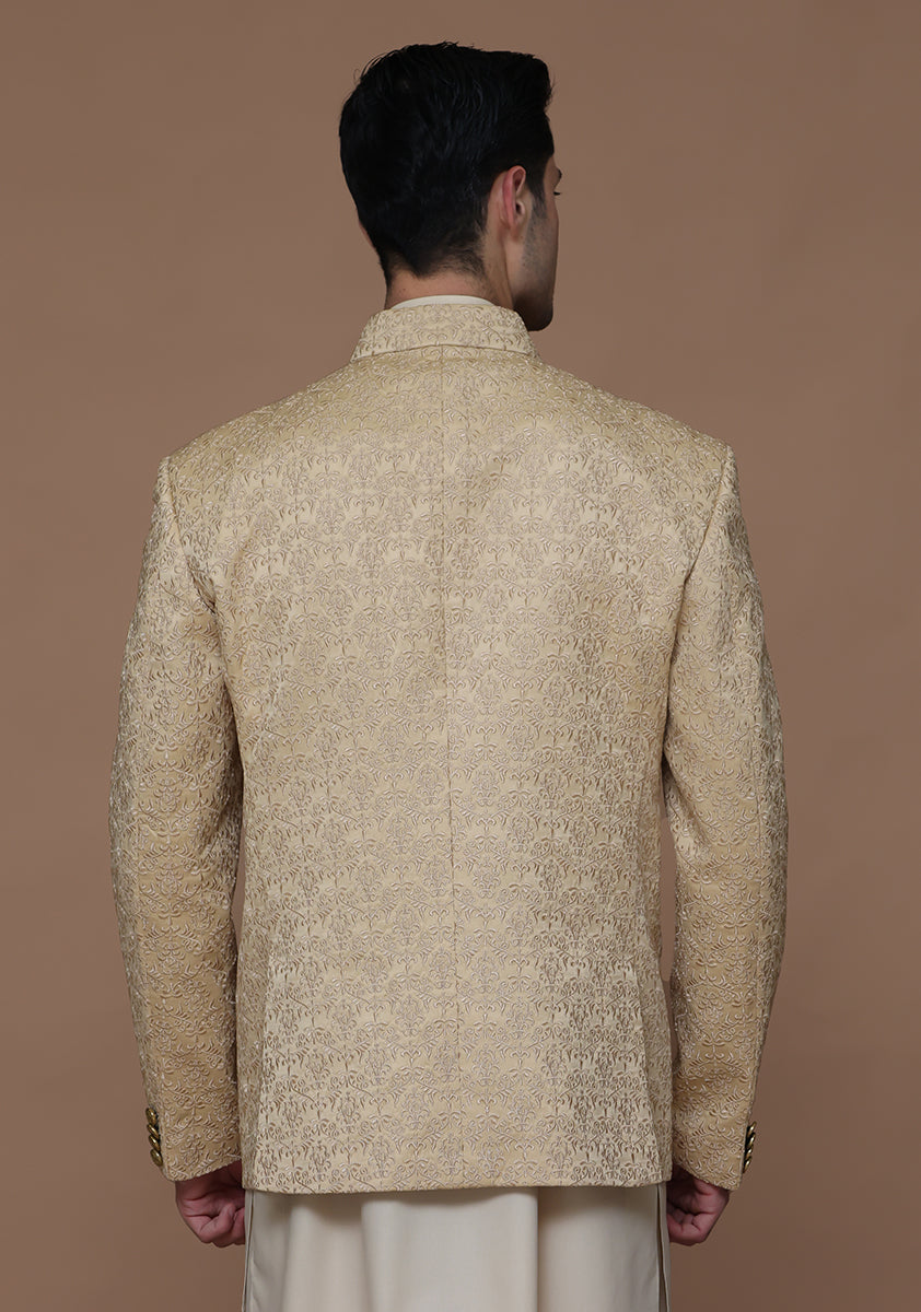 Beige Embroidered Satin Silk Prince Coat (2-Piece) - Image 5