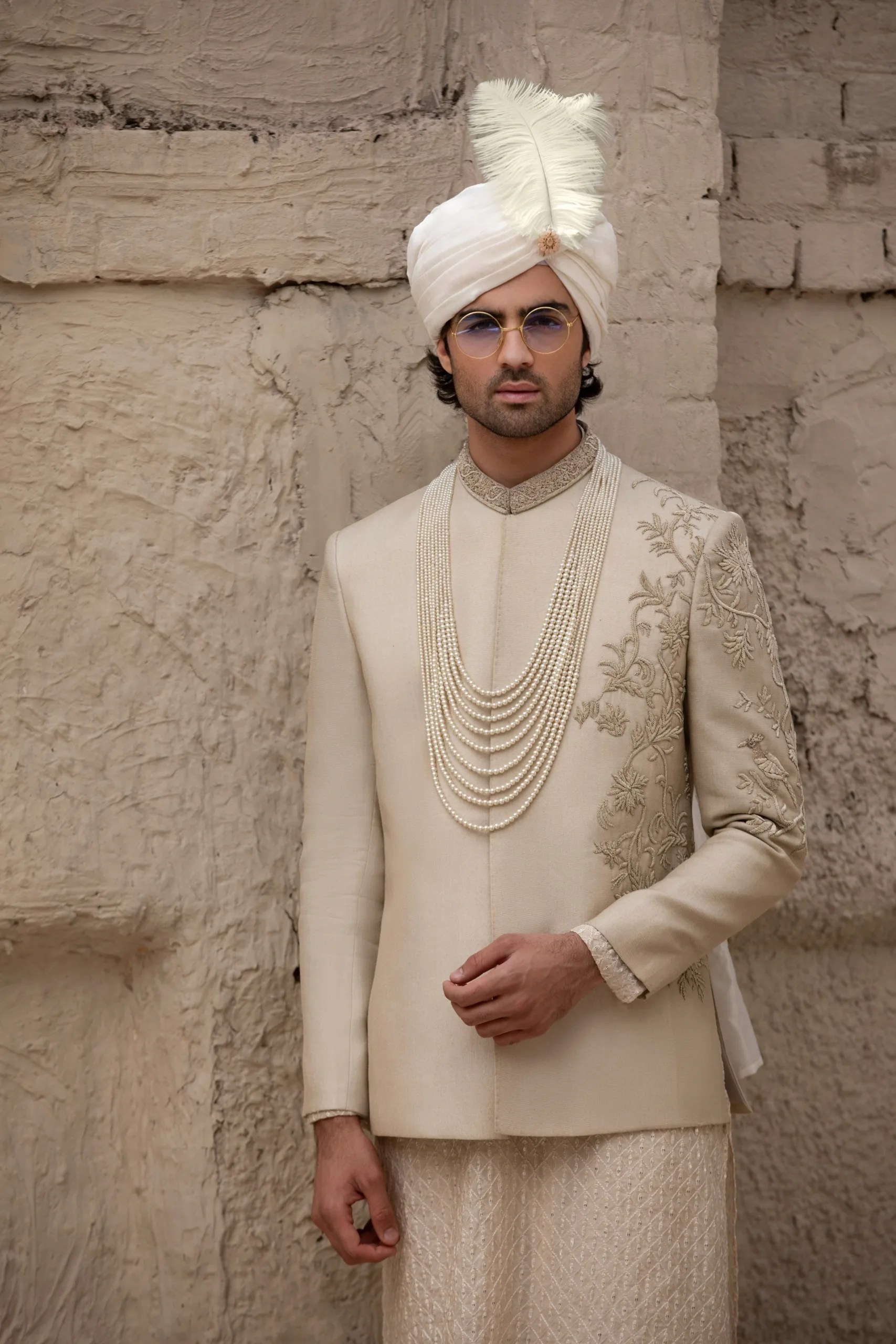 Beige Embroidered Silk-Blend Prince Coat (3-Piece) - Image 1