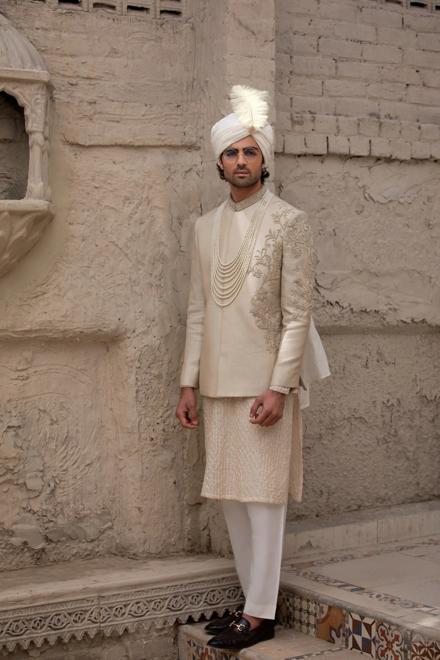 Beige Embroidered Silk-Blend Prince Coat (3-Piece) - Image 2