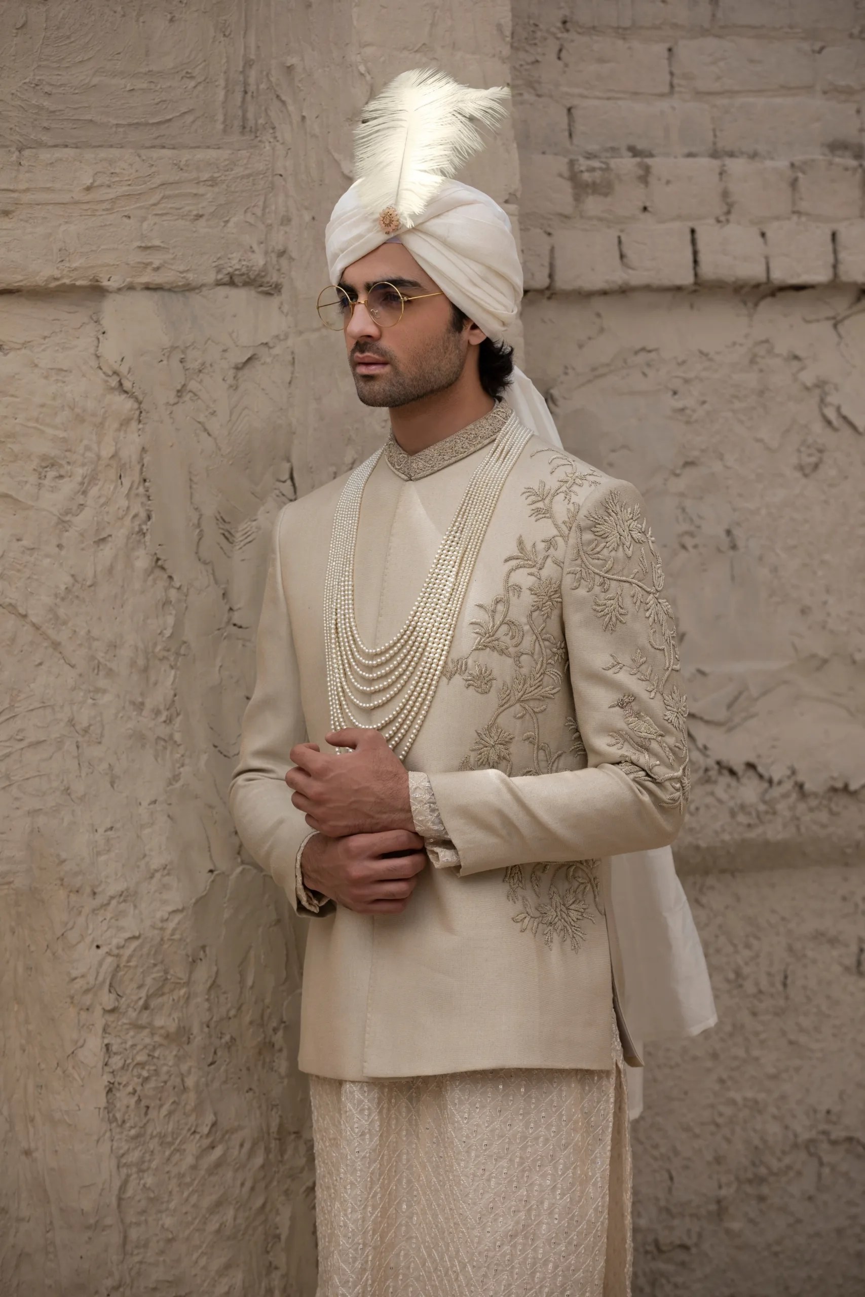 Beige Embroidered Silk-Blend Prince Coat (3-Piece) - Image 3