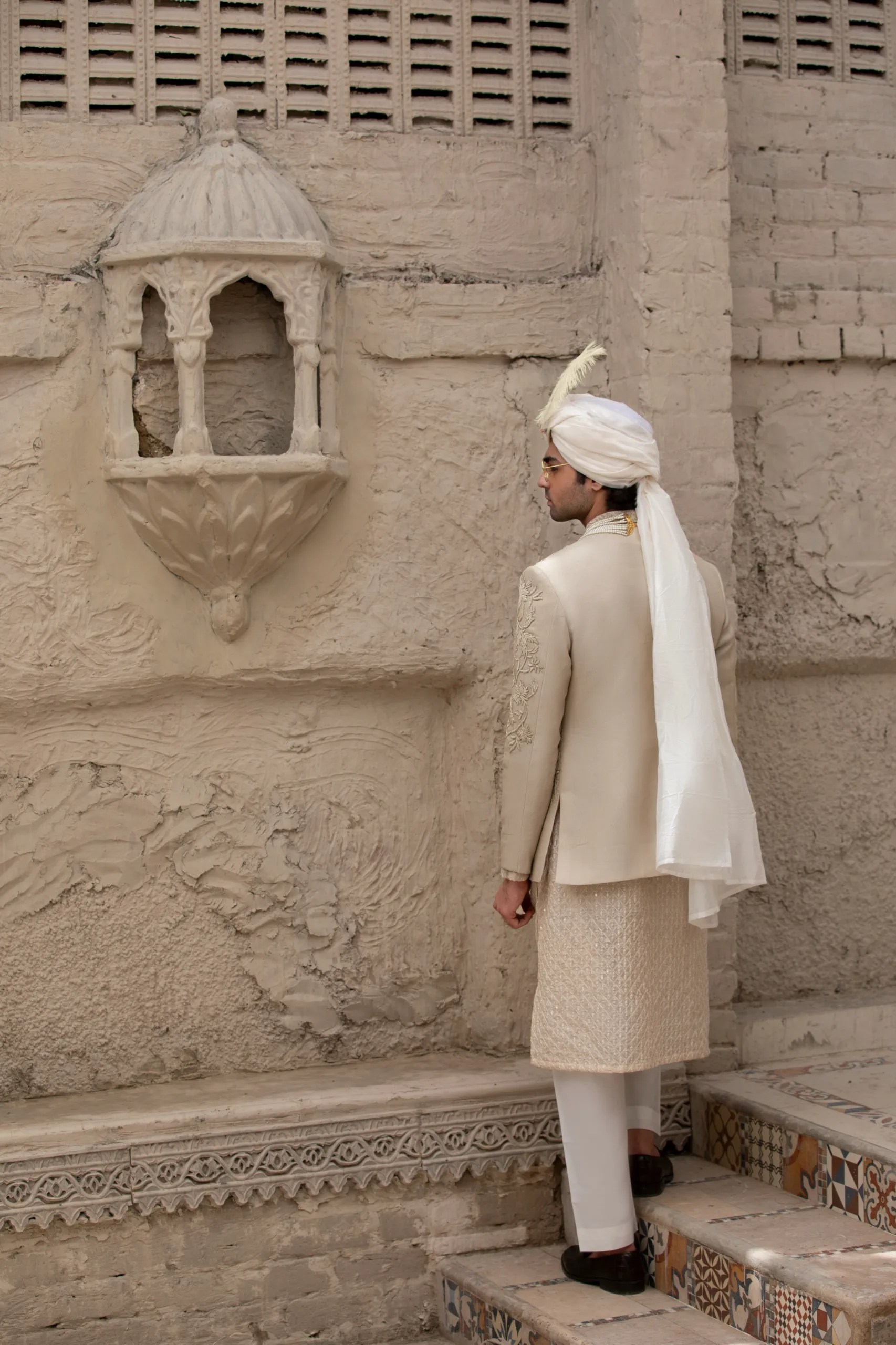 Beige Embroidered Silk-Blend Prince Coat (3-Piece) - Image 4