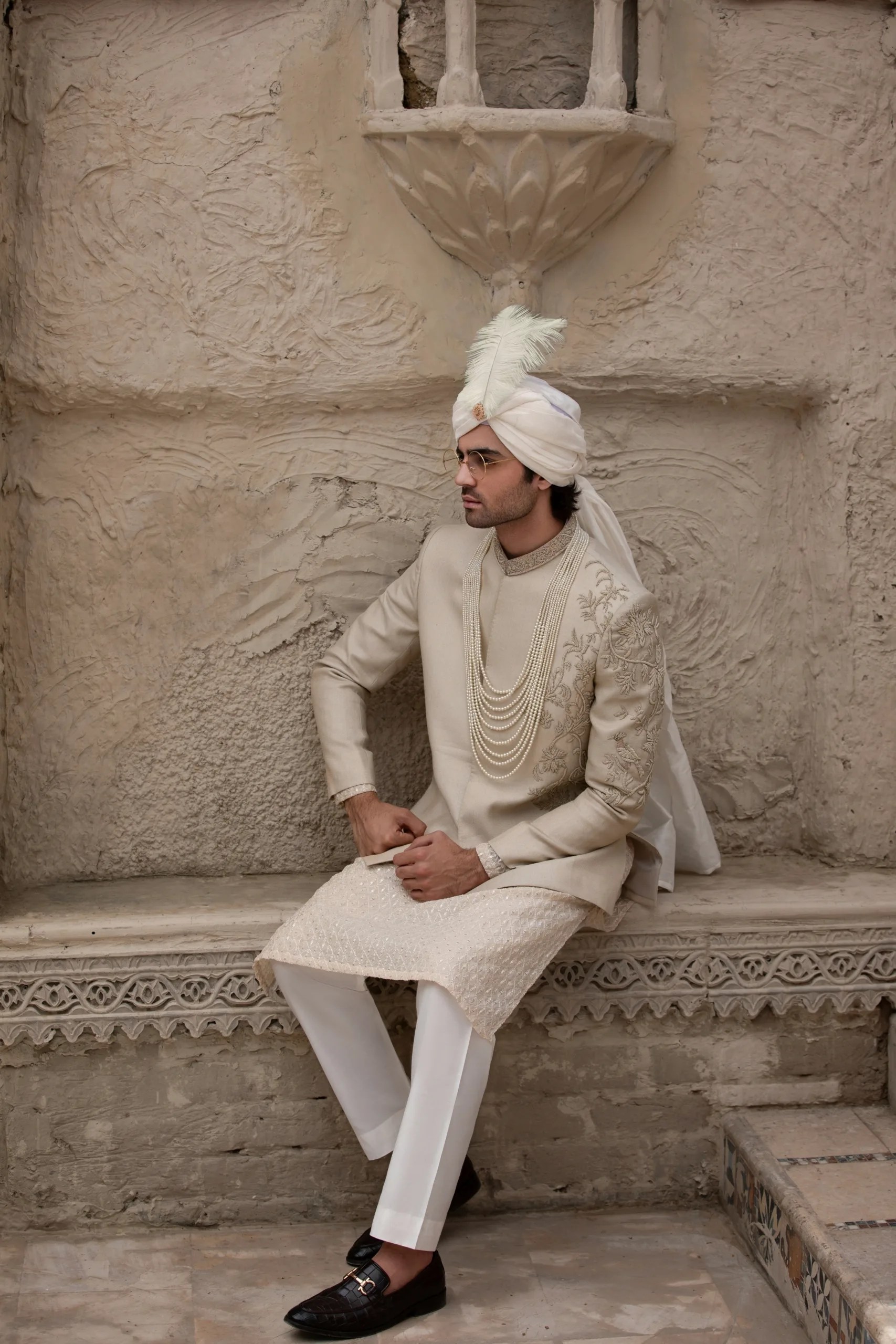 Beige Embroidered Silk-Blend Prince Coat (3-Piece) - Image 6