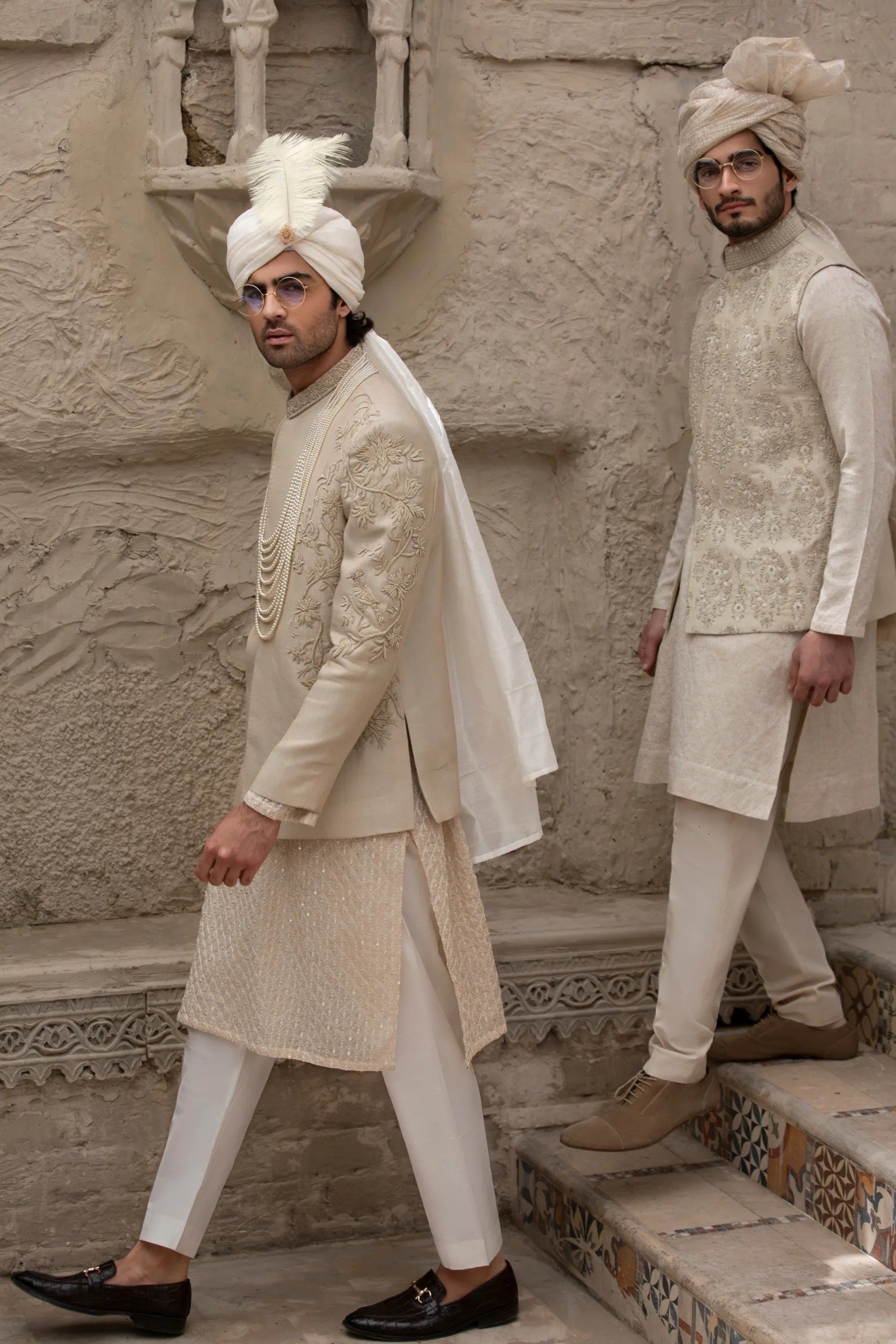 Beige Embroidered Silk-Blend Prince Coat (3-Piece) - Image 7