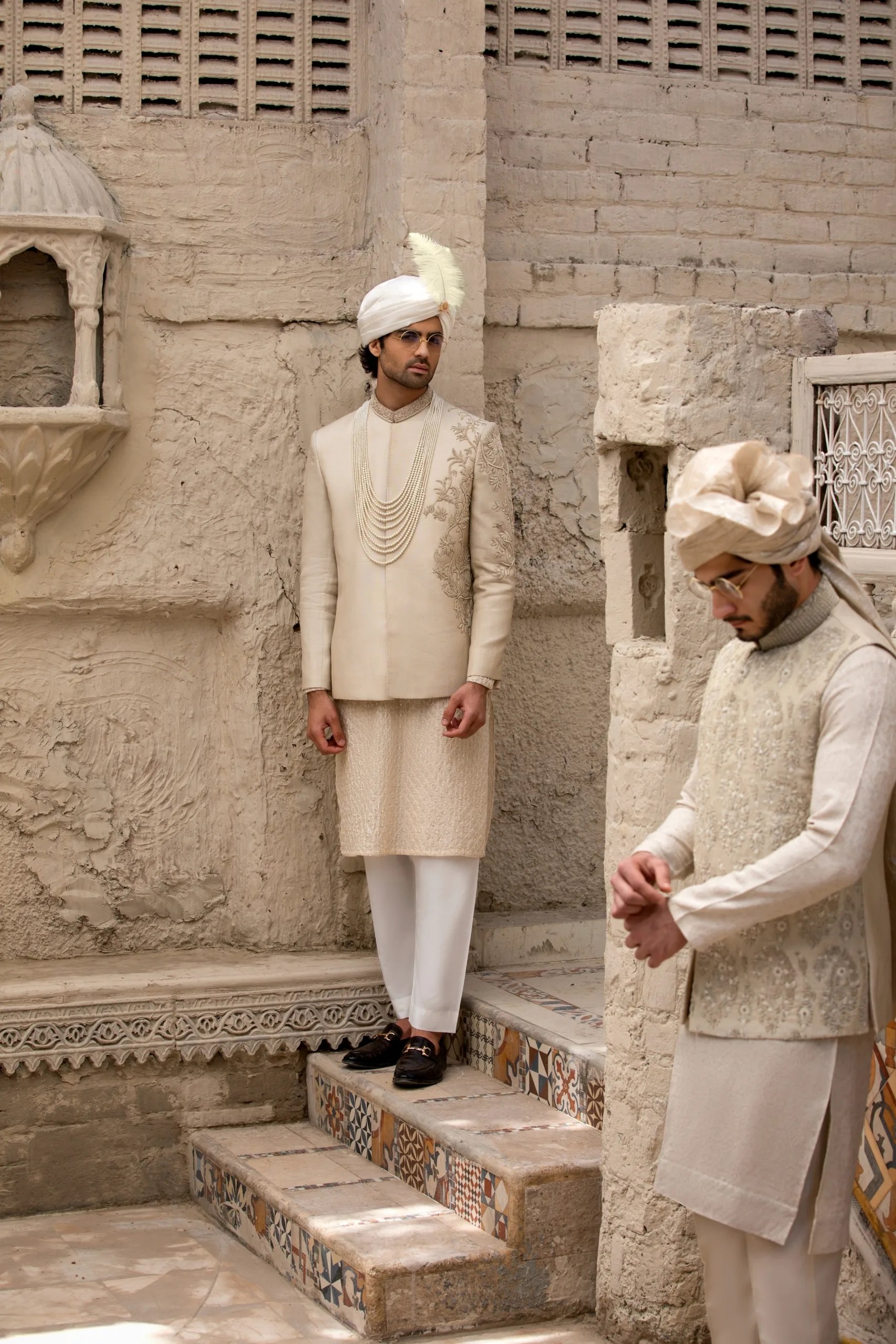 Beige Embroidered Silk-Blend Prince Coat (3-Piece) - Image 8