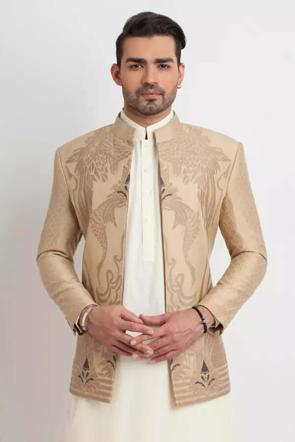 Beige Gold Embroidered Silk Prince Coat (1-Pc) - Image 1