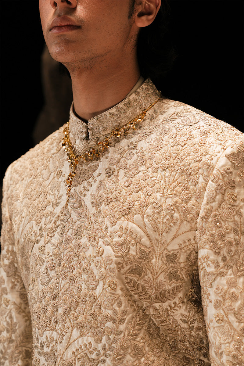 Beige Hand-Embroidered Silk-Blend Prince Coat (2-Piece) - Image 3