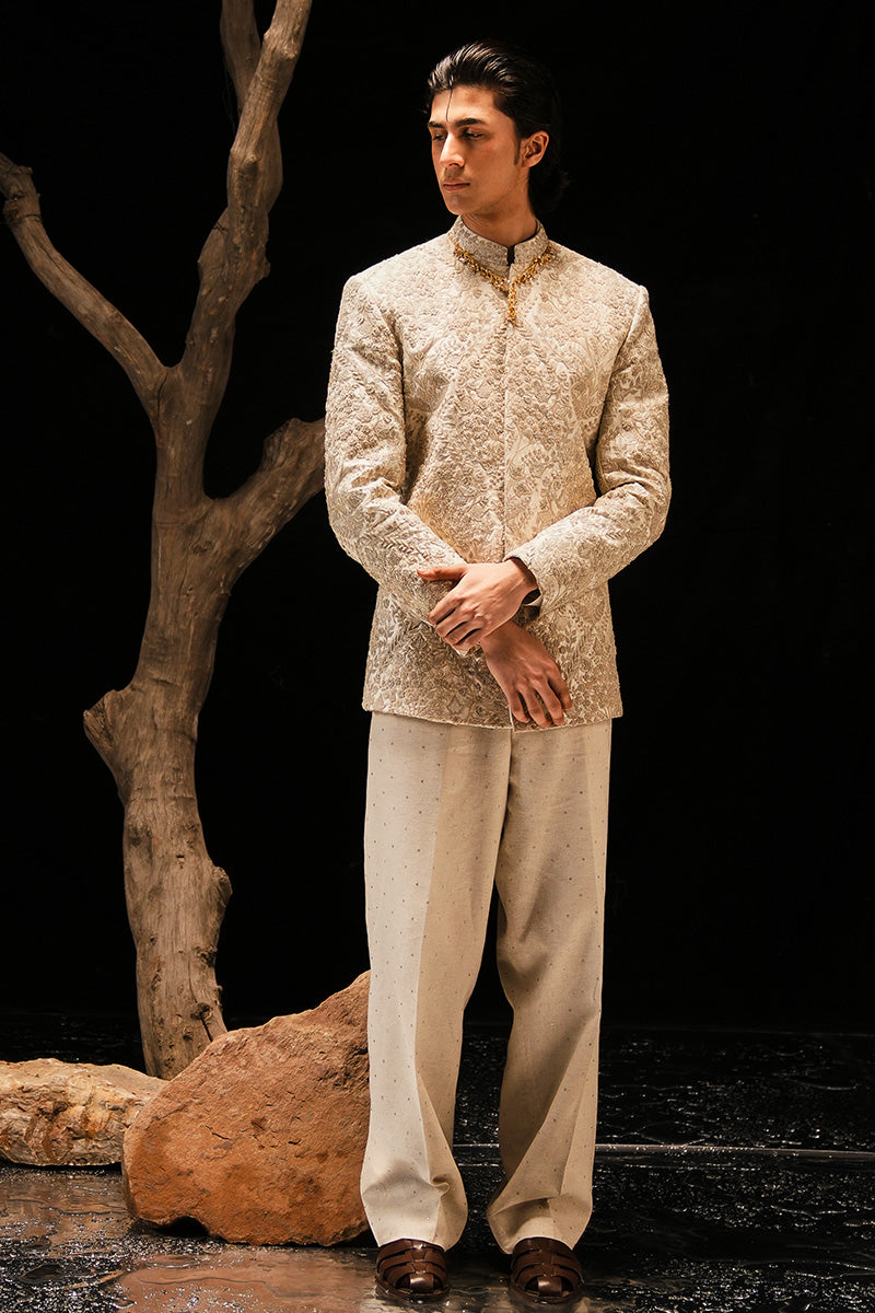 Beige Hand-Embroidered Silk-Blend Prince Coat (2-Piece) - Image 6