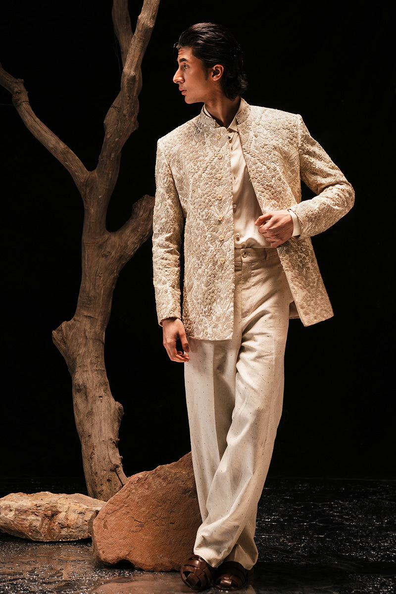 Beige Hand-Embroidered Silk-Blend Prince Coat (2-Piece) - Image 8