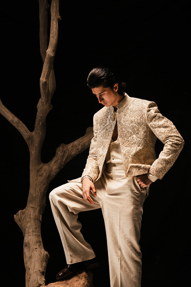 Beige Hand-Embroidered Silk-Blend Prince Coat (2-Piece) - Image 12