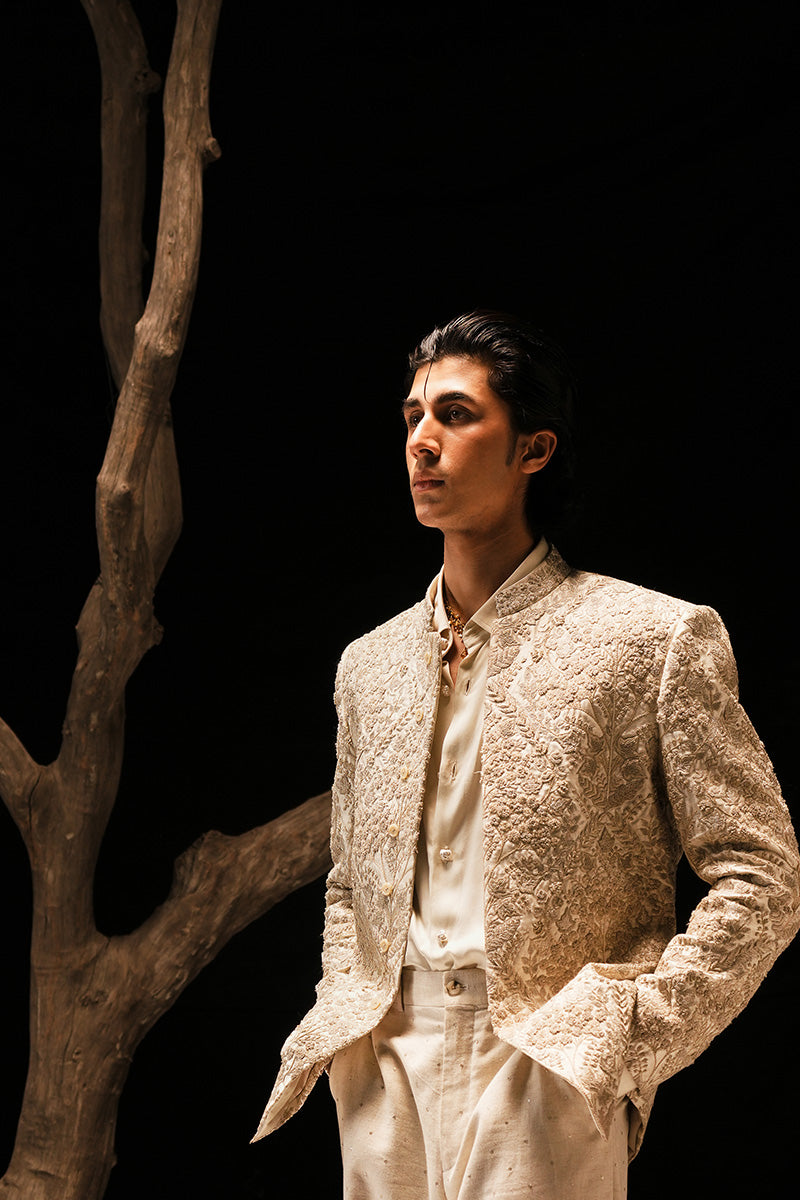 Beige Hand-Embroidered Silk-Blend Prince Coat (2-Piece) - Image 4