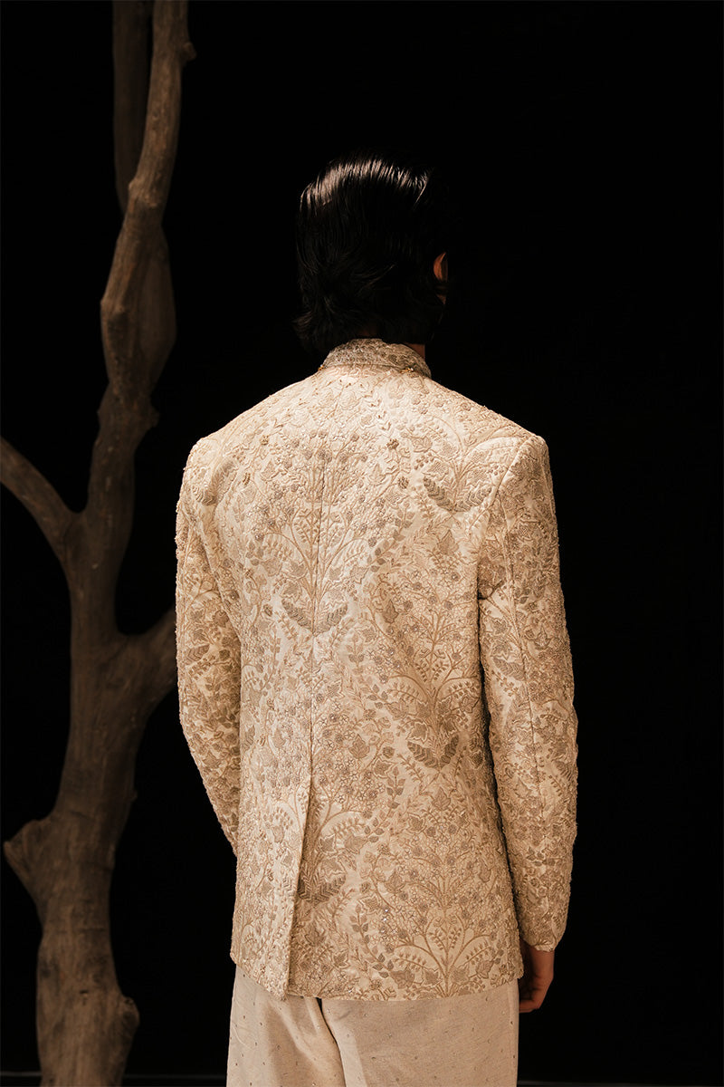 Beige Hand-Embroidered Silk-Blend Prince Coat (2-Piece) - Image 5